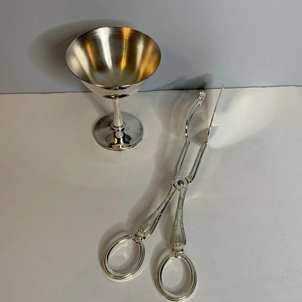 SILVER PLATED CHALICE/GOBLET AND SERVING TONGS